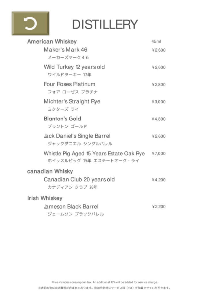 プリンス紀尾井町 プリンスギャラリー紀尾井町 バー メニュー