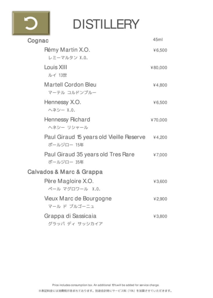 プリンス紀尾井町 プリンスギャラリー紀尾井町 バー メニュー