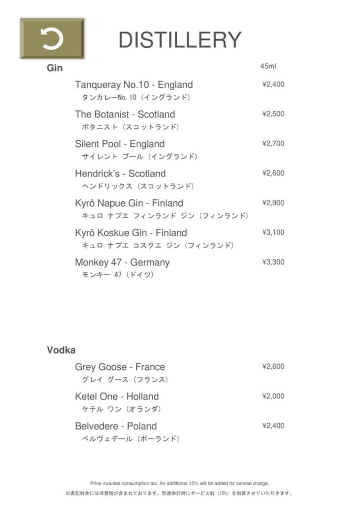 プリンス紀尾井町 プリンスギャラリー紀尾井町 バー メニュー