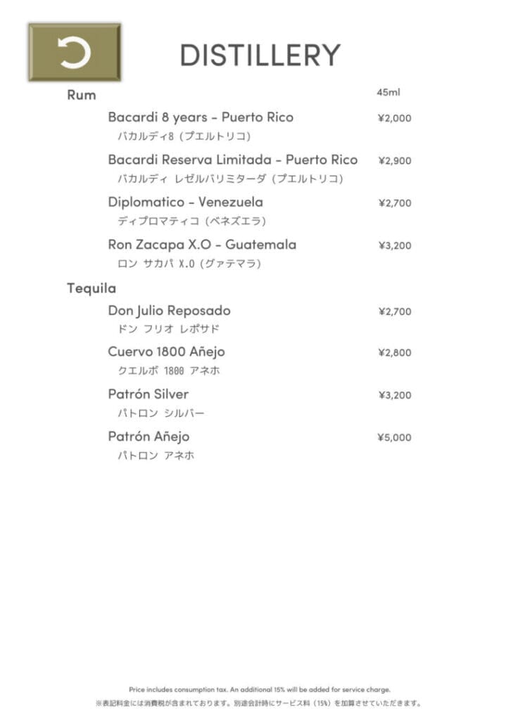 プリンス紀尾井町 プリンスギャラリー紀尾井町 バー メニュー