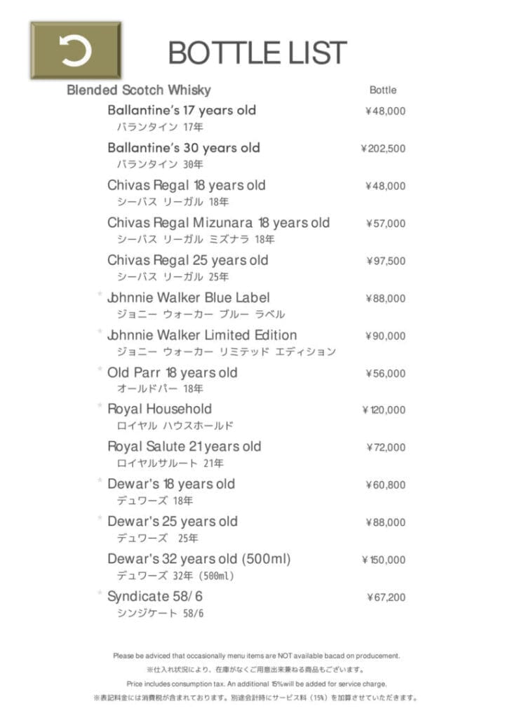 プリンス紀尾井町 プリンスギャラリー紀尾井町 バー メニュー