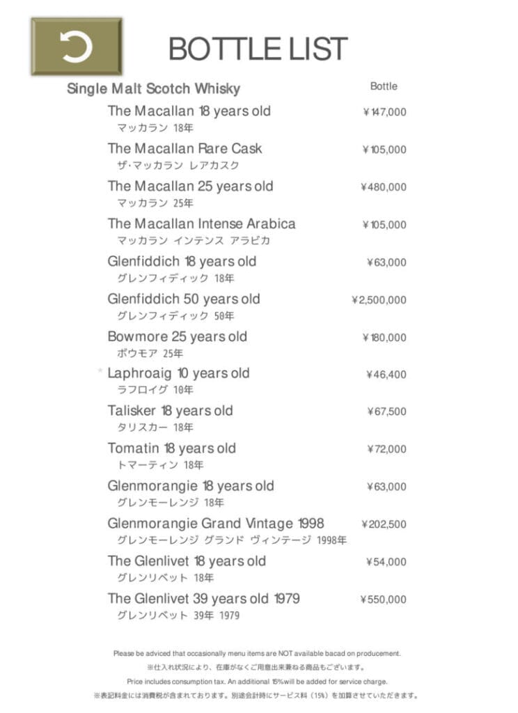 プリンス紀尾井町 プリンスギャラリー紀尾井町 バー メニュー