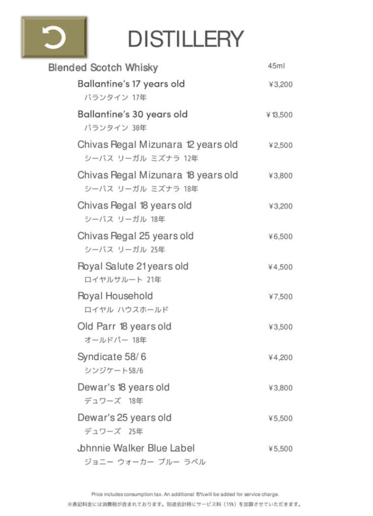 プリンス紀尾井町 プリンスギャラリー紀尾井町 バー メニュー